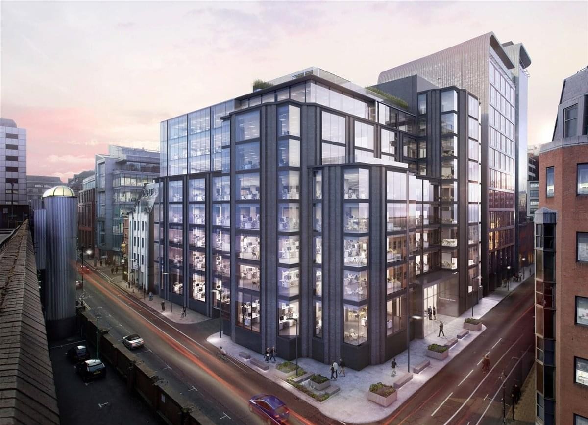 Exterior view of the modern glass-facade building at 2 Cornwall Street.