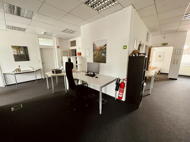 Spacious open-plan office at Lindauer Str. 2-4, EG & 2. Stock, with multiple desks and landscape wall art.