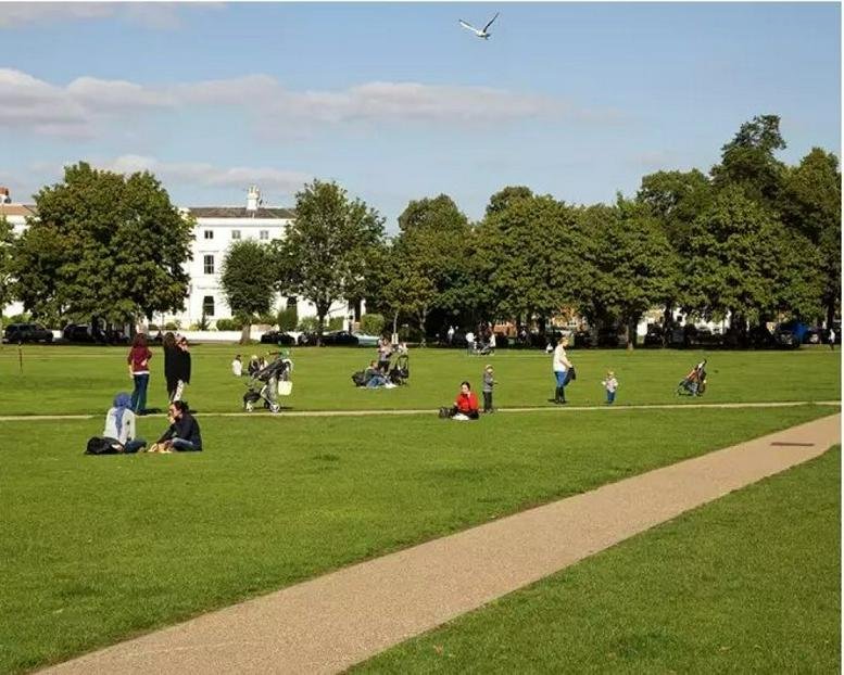 Green park with walking paths and people relaxing near a white historic building.