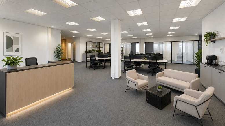 Spacious reception area at oberneuhofstrasse 6 with a wooden front desk and modern lounge seating.