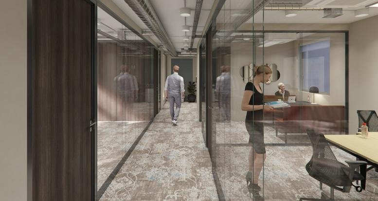 Modern office hallway at 14 rue Delambre with glass partitions and wooden doors.