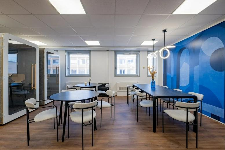 Spacious communal lounge at 27, Rue Maurice Flandin, Lyon featuring wooden floors and a blue geometric mural.