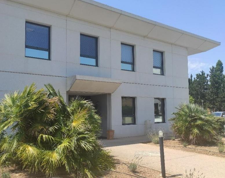 Exterior view of the modern two-story Les Carrés De L’Arc Bâtiment A with large windows and lush palm trees.