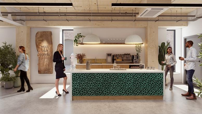 Modern communal kitchen at Old Paradise St, London, UK, 30-34 with a teal tiled island and pendant lighting.