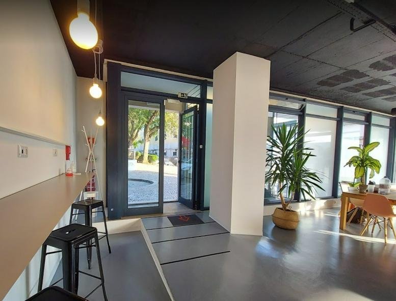 Spacious sunlit entrance and lounge at Praça da Armada, with potted palms and glass doors.
