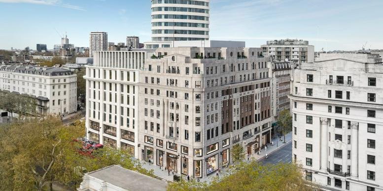 Wide exterior view of the stone facade building at 1-4 Marble Arch, 1 Great Cumberland Place, London.