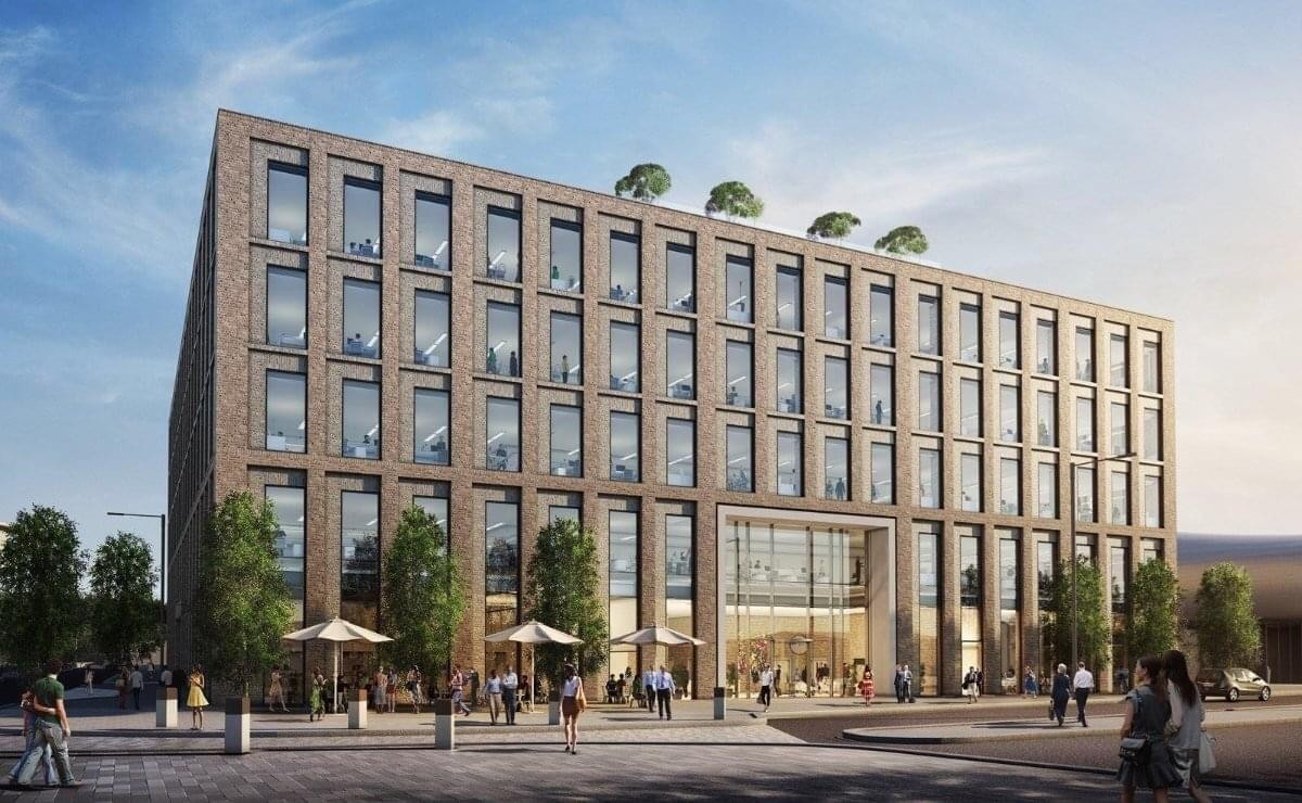 Exterior view of the brick and glass facade at 1 Brunel Way, Slough.