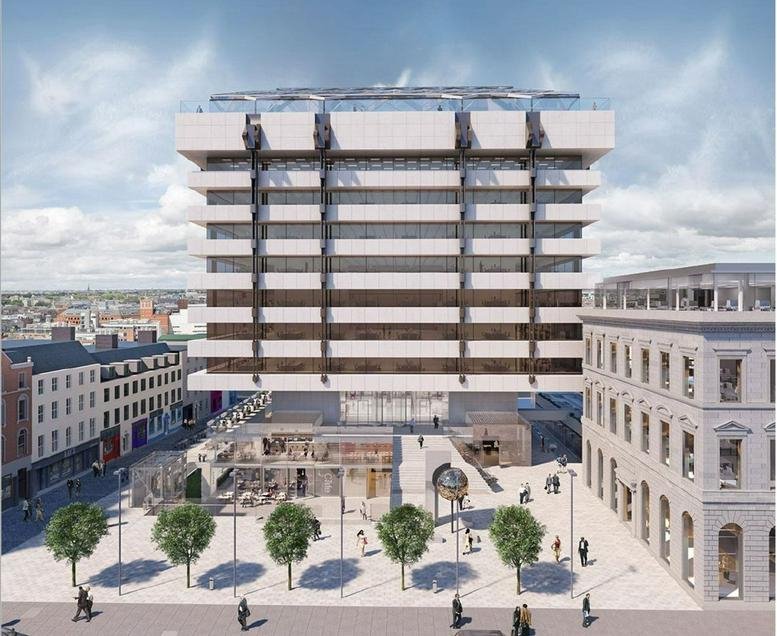 The brutalist exterior and public plaza of 1 Central Plaza Dublin with unique suspended upper floors.