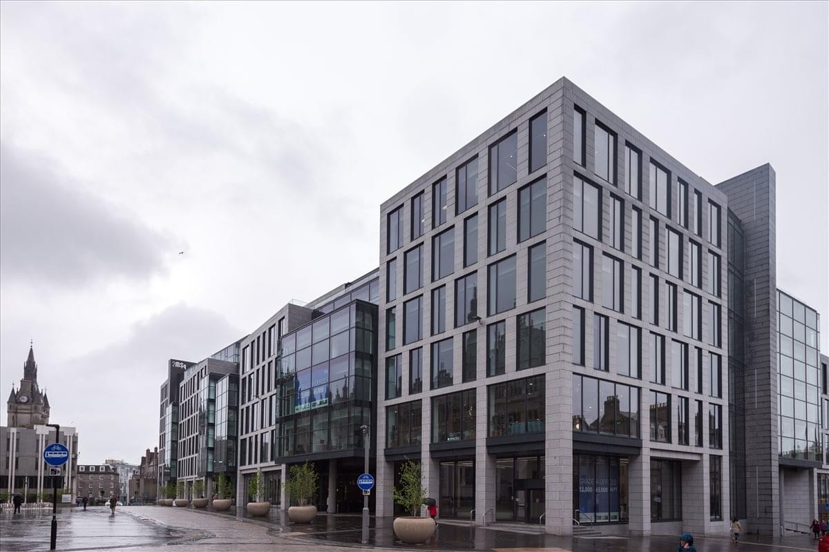 Exterior view of the modern glass and stone facade at 1 Marischal Square, Broad Street.