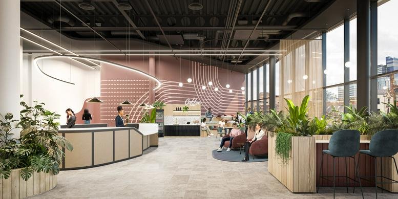 Spacious reception at 100 Embankment, Cathedral Approach featuring a curved front desk and decorative wall.