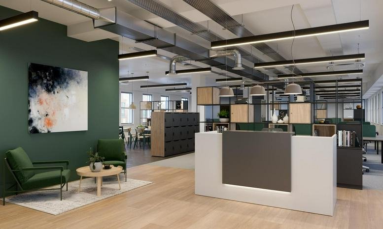 Modern reception area with a green feature wall and soft seating at 107 Grays Inn Road, London.