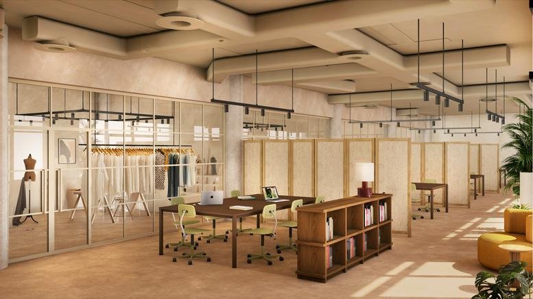 Spacious open-plan workspace at 11A Woodfield Road with wooden desks, shelving, and a bright, modern design.