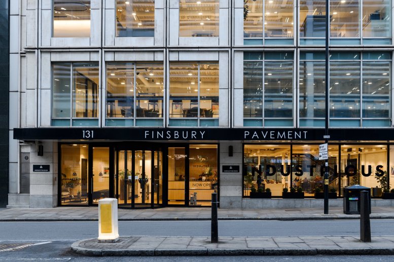Ground floor exterior of 131 Finsbury Pavement featuring a dark canopy and glass entrance.
