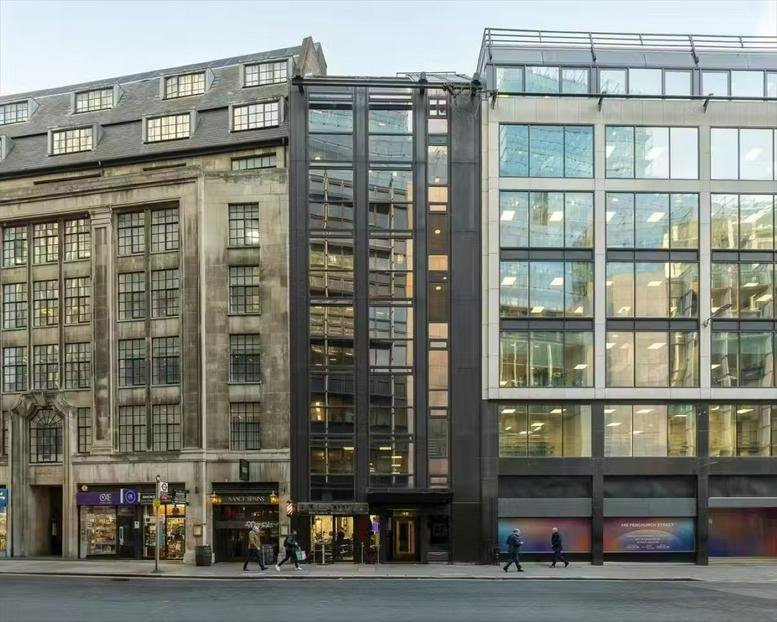 Exterior view of the contemporary dark-framed and glass facade at 141, Fenchurch Street.
