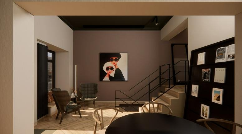 Spacious lounge at 146, Brunnenstraße, Berlin with a feature art piece and modern seating.