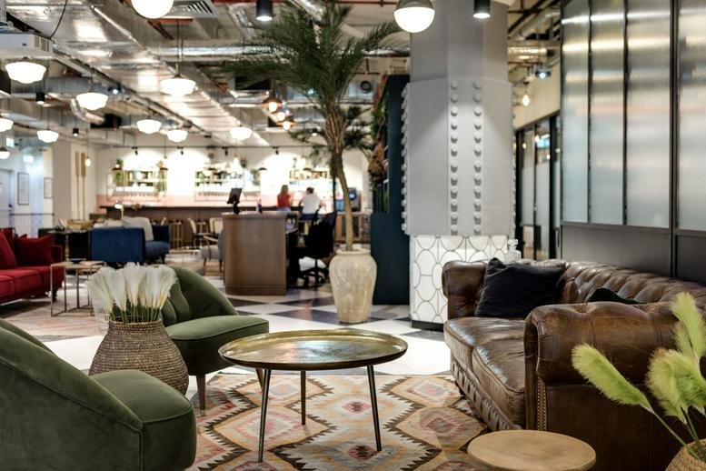 Bright open-plan lounge at 15-17 Ion Mihalache Boulevard with diverse seating, a palm tree, and a patterned rug.