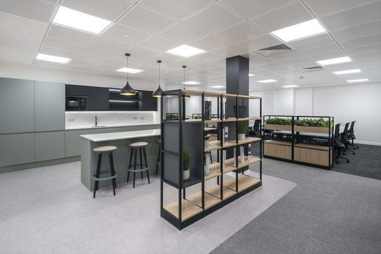 Spacious communal breakout area and modern kitchen at 155, Fenchurch Street, City of London.