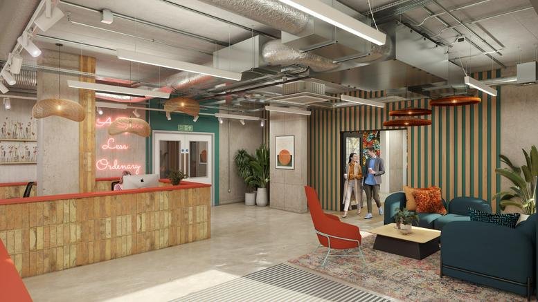 Reception and lobby area at 16-18 Middlesex Street, Central London, E1 with warm wood textures and neon signage.