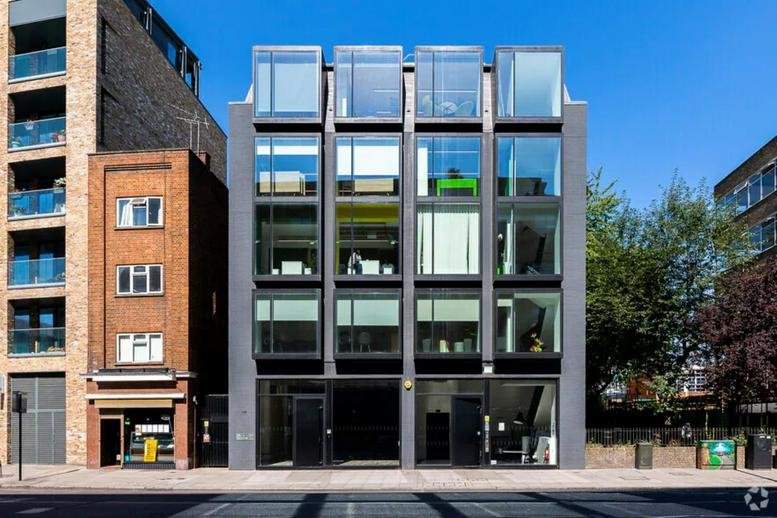 Modern grey and glass exterior facade of 160 Borough High Street, Central London, SE1.