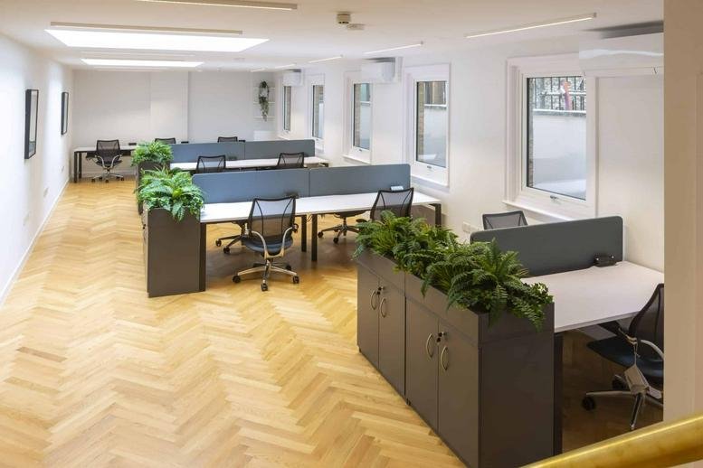 Spacious open-plan office with herringbone wood floors, white desks, and leafy green plants.