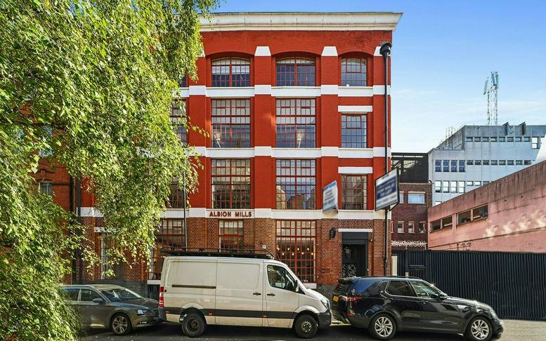 Exterior view of the red brick facade at Albion Mills, 18 East Tenter Street.