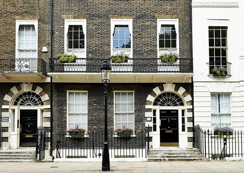 Exterior view of the historic Georgian brick facade at 20 Bedford Square, London, Camden.