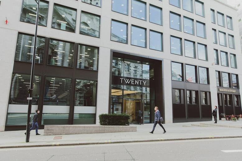 Exterior view of the contemporary stone and glass building at 20 Old Bailey.