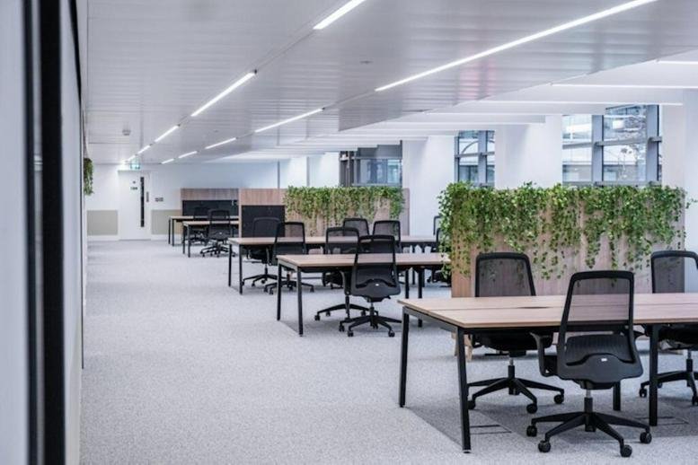 Open-plan workspace featuring long wooden desks and office chairs with greenery accents.