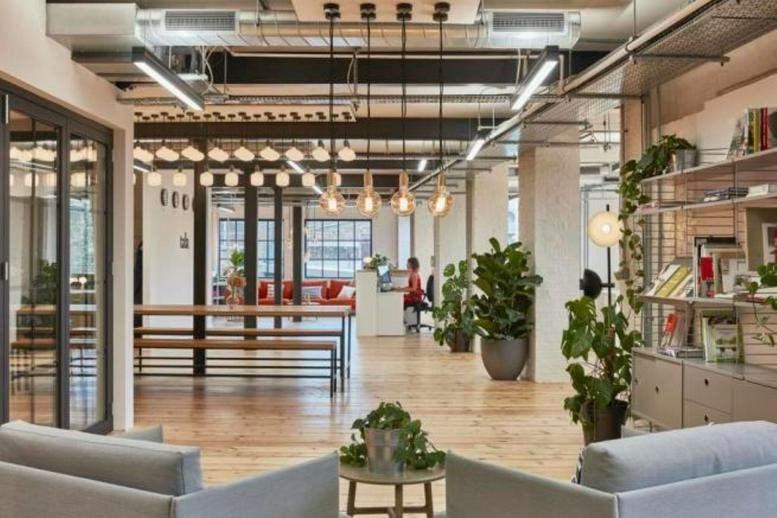Spacious open-plan communal area at 25B Vyner Street, London with wooden floors, indoor plants, and soft seating.