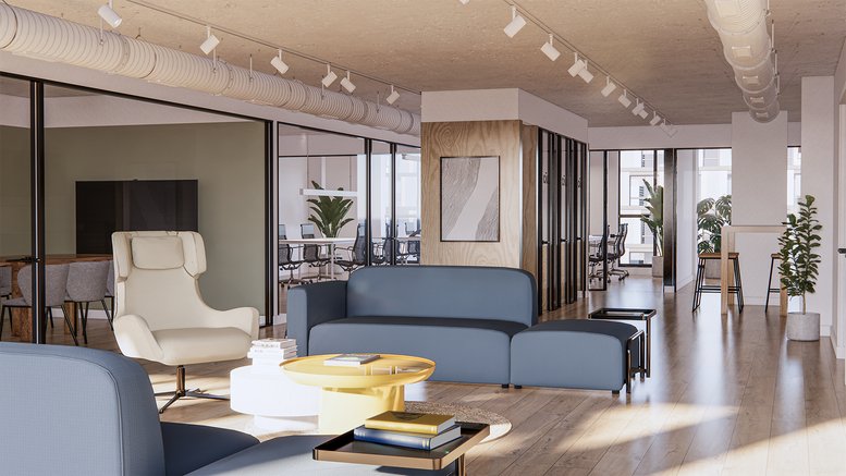 Spacious lounge at 268, Paseo de la Castellana, Chamartín, Madrid with blue sofas, a yellow table, and wood accents.