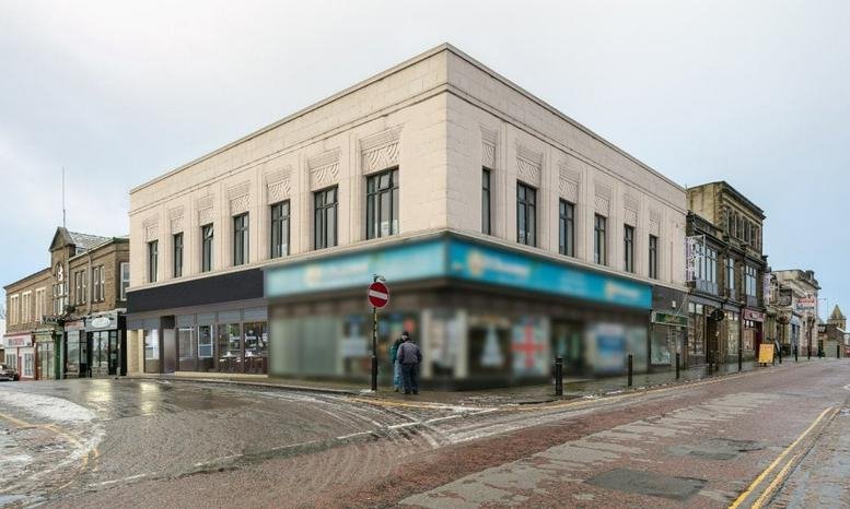 Exterior view of the traditional stone building at 2A Market Pl, Colne, Burnley.