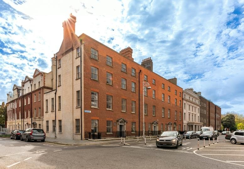 Exterior view of the classic red-brick facade of Hume Street House, 3-8 Hume Street, Stephen's Green, Dublin.