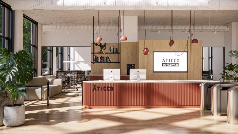 Reception area at 3, Calle del Duque de Sevilla with a terracotta desk, wooden panels, and hanging copper lamps.