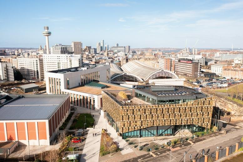Aerial exterior view of the modern 31, Russell Street, Liverpool building within the city skyline.
