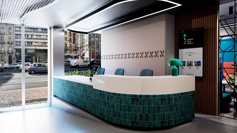 Modern reception desk with teal tiling and street views at 32, Avenida Fontes Pereira de Melo, Lisbon.