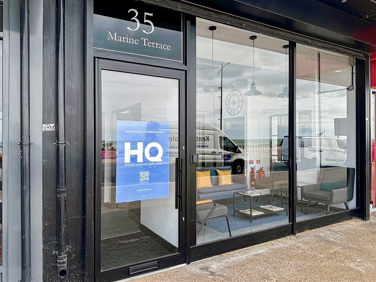 Street view of the modern glass-fronted entrance at 35 Marine Terrace, Margate, Kent.