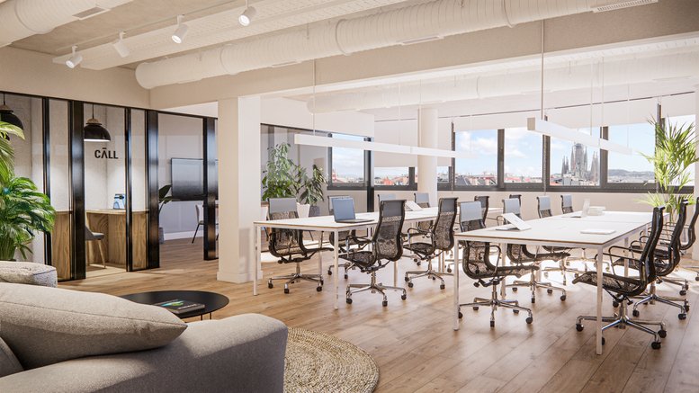 Spacious open-plan workspace at 390, Carrer de la Diputació, L’Eixample, Barcelona with large windows and city views.