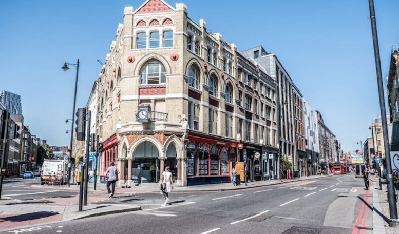Exterior view of the historic brick building at 40, Great Eastern Street, London.
