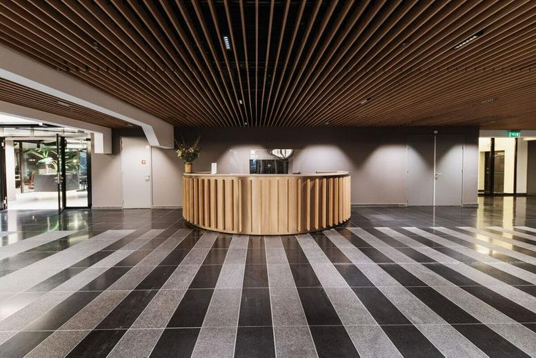 Spacious lobby at 41, Anna van Buerenplein with a curved wooden desk and slatted ceiling.