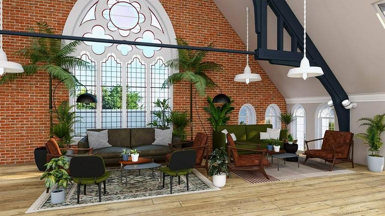 Spacious communal lounge at 41 New Cross Street, Swinton, with brick walls, gothic windows, and plush seating.