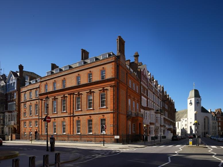 Exterior red brick facade of 45 Pont Street, Central London, SW1X with classic architectural details.