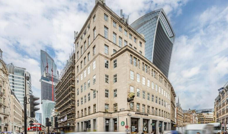 Exterior view of the classic stone facade at 48, Gracechurch Street, City of London.