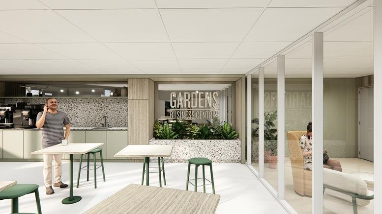 Spacious communal breakout area at 5, Bezuidenhoutseweg, The Hague featuring plants and café seating.