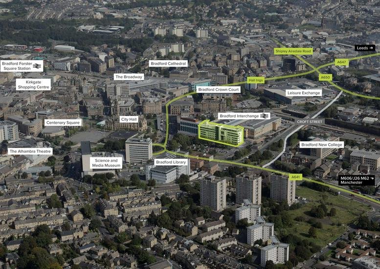 Aerial view of the modern glass-fronted building at 5 Nelson Street, Bradford.