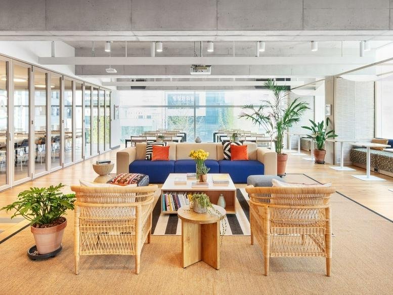 Spacious, sunlit lounge at 50-60 Station Road with blue sofa and woven armchairs.