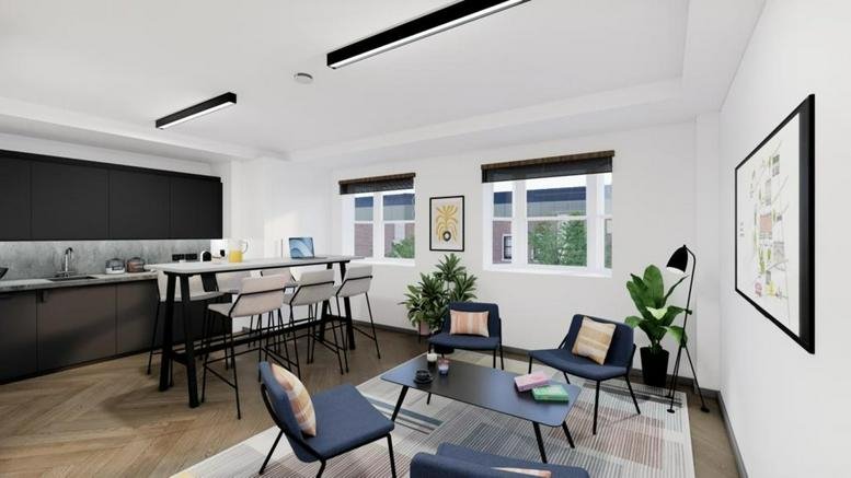 Spacious communal lounge and kitchen area at 52 George Street, 1st Floor, 2nd Floor, 3rd & 4th Floor.