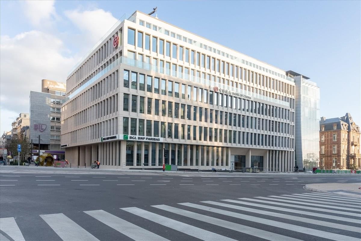 Modern exterior of the office building at 53 Boulevard Royal, Luxembourg city.