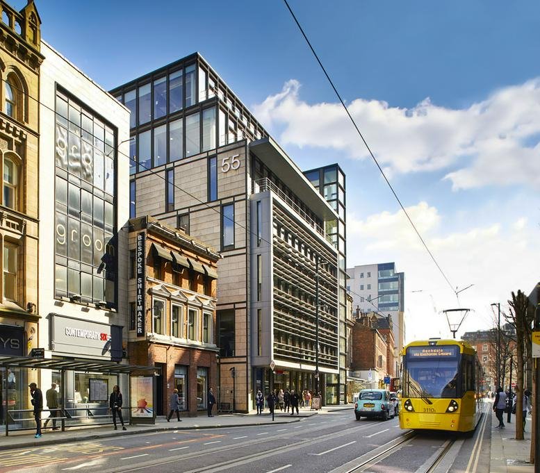 Exterior view of the contemporary stone and glass facade at 55 Princess Street.