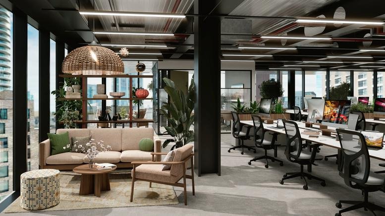 Spacious lounge and open-plan workspace at 61, Whitechapel High Street, London featuring a sofa and rattan light fixture.