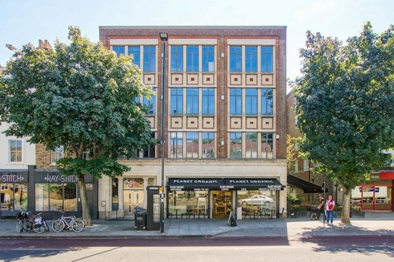 Exterior view of the brick and glass building at 64, Essex Road, London, United Kingdom.